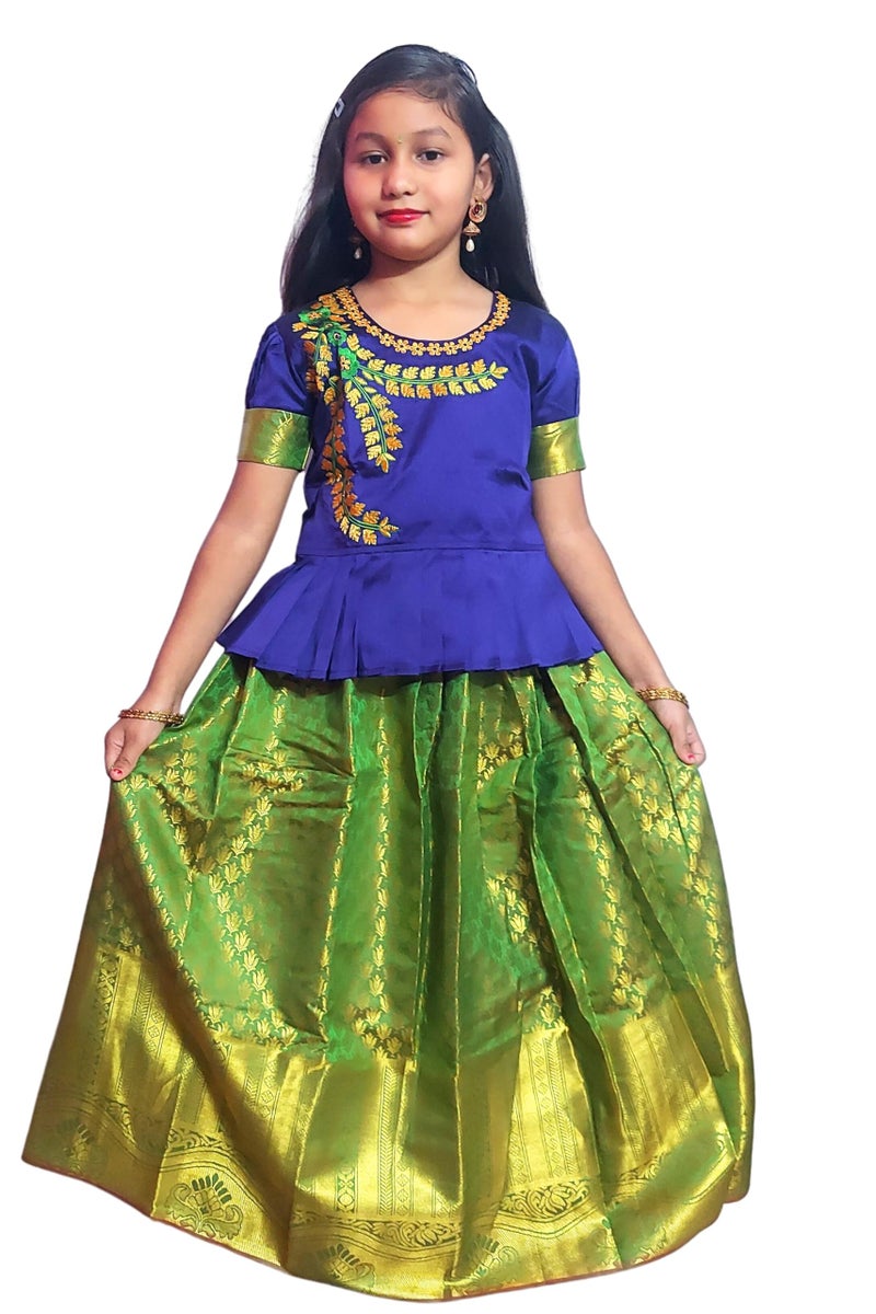 TotzTouch Jacquard Silk Kids Girls Pattu Pavadai|Readymade Lehenga Choli Set South Indian Traditional Wide Zari Border Embroidered Jacquard Weave Ethnic Wear Red,Pink,Violet,Blue,Green,8-9 Years - Image 1