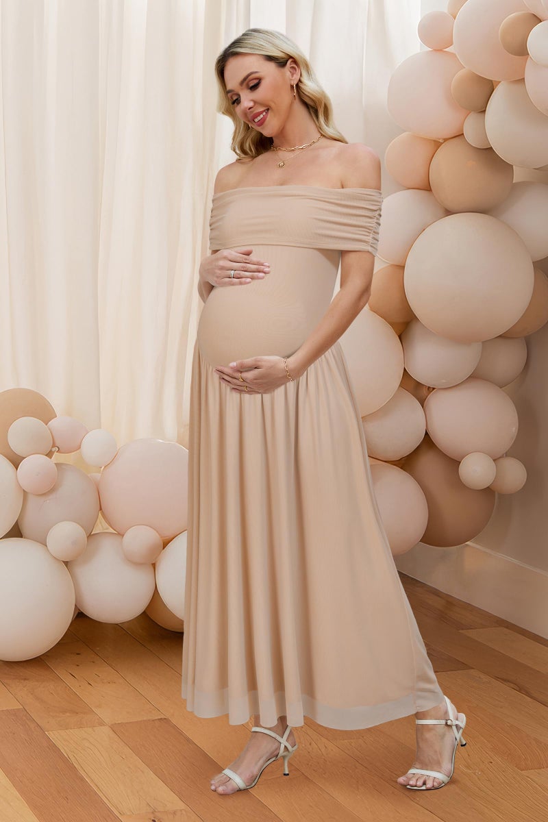 OUGES Women's 2026 Summer Spring Off The Shoulder Mesh Maxi Maternity Baby Shower Dresses for Photoshoot Wedding Guest Sleeveless Formal Pleated Long Pregnancy Must Have Clothes(Dark Apricot,L) - Image 2