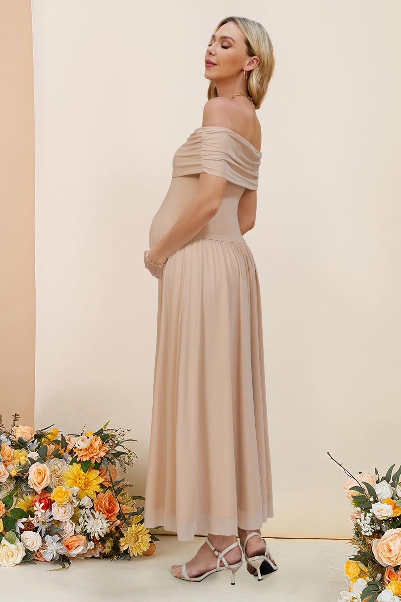 OUGES Women's 2026 Summer Spring Off The Shoulder Mesh Maxi Maternity Baby Shower Dresses for Photoshoot Wedding Guest Sleeveless Formal Pleated Long Pregnancy Must Have Clothes(Dark Apricot,L) - Image 4