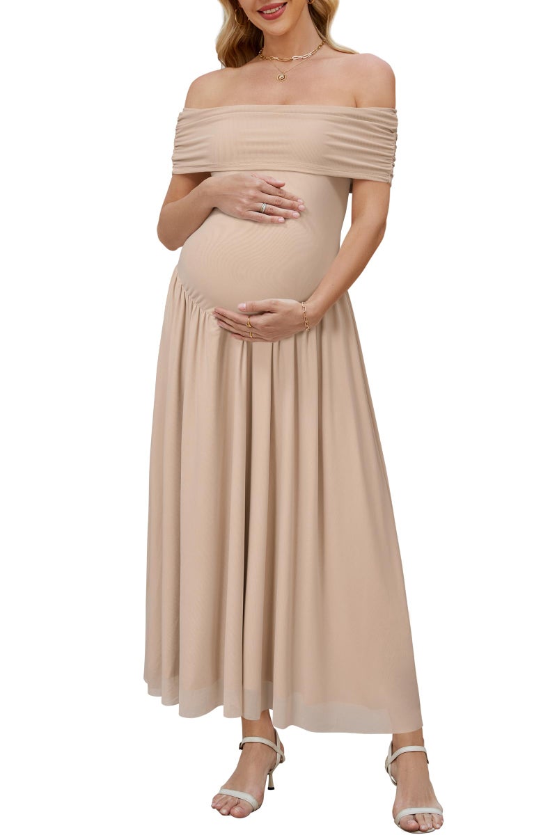 OUGES Women's 2026 Summer Spring Off The Shoulder Mesh Maxi Maternity Baby Shower Dresses for Photoshoot Wedding Guest Sleeveless Formal Pleated Long Pregnancy Must Have Clothes(Dark Apricot,L) - Image 1