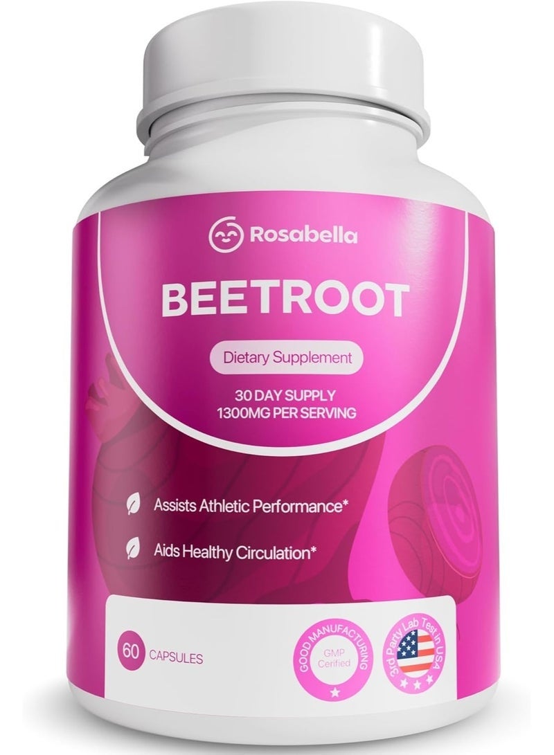 Rosabella Organic Beet Root Capsules – 1300mg Beetroot Powder for Natural Energy & Endurance Support, Non-GMO, Lab-Tested Beet Supplement - 60 Capsules, 30-Day Supply - Image 1