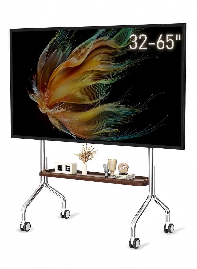 FlashHawk Mobile TV Stand Cart with Wheels for 32-65 Inch Screens, Adjustable Height, 50kg Load Capacity, Wooden Storage Shelf & Heavy-Duty Steel Frame  - Image 1