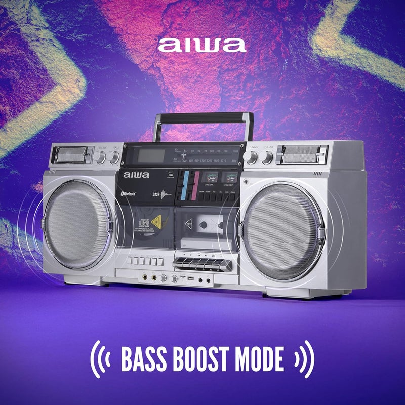 أيوا aiwa Retro Boombox CD Player with Cassette Recording, Bluetooth 5.0, FM/AM Radio, USB/SD/AUX Inputs, VU Meters, LCD Display, Dual 40W Speakers - Silver - Image 5