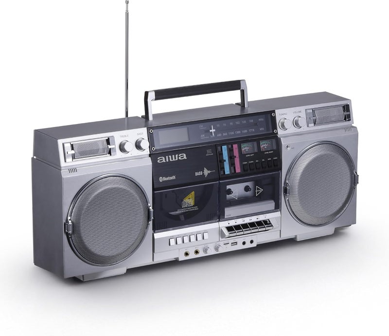 أيوا aiwa Retro Boombox CD Player with Cassette Recording, Bluetooth 5.0, FM/AM Radio, USB/SD/AUX Inputs, VU Meters, LCD Display, Dual 40W Speakers - Silver - Image 1