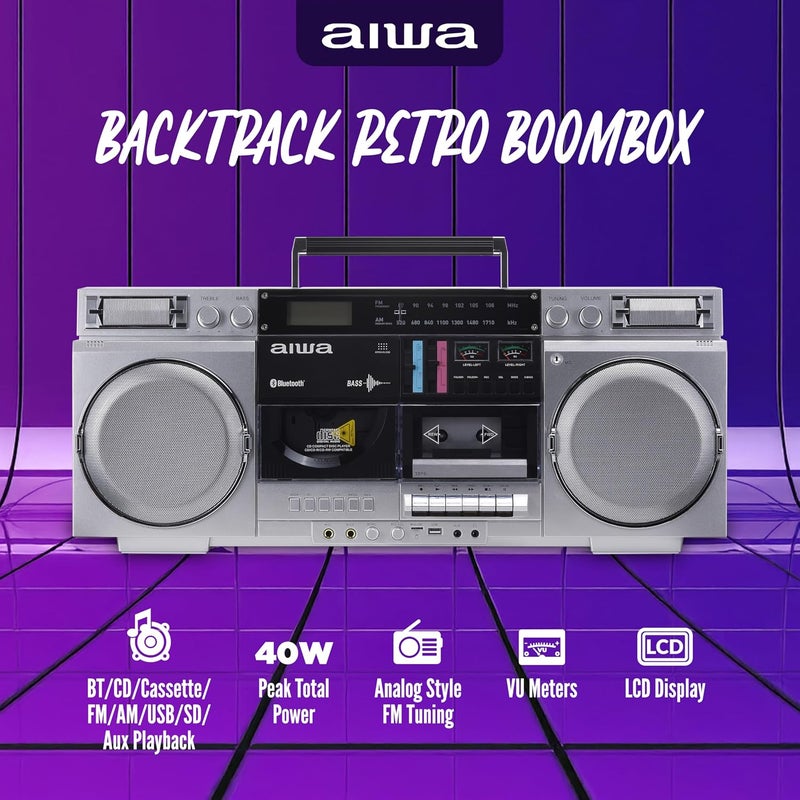أيوا aiwa Retro Boombox CD Player with Cassette Recording, Bluetooth 5.0, FM/AM Radio, USB/SD/AUX Inputs, VU Meters, LCD Display, Dual 40W Speakers - Silver - Image 2