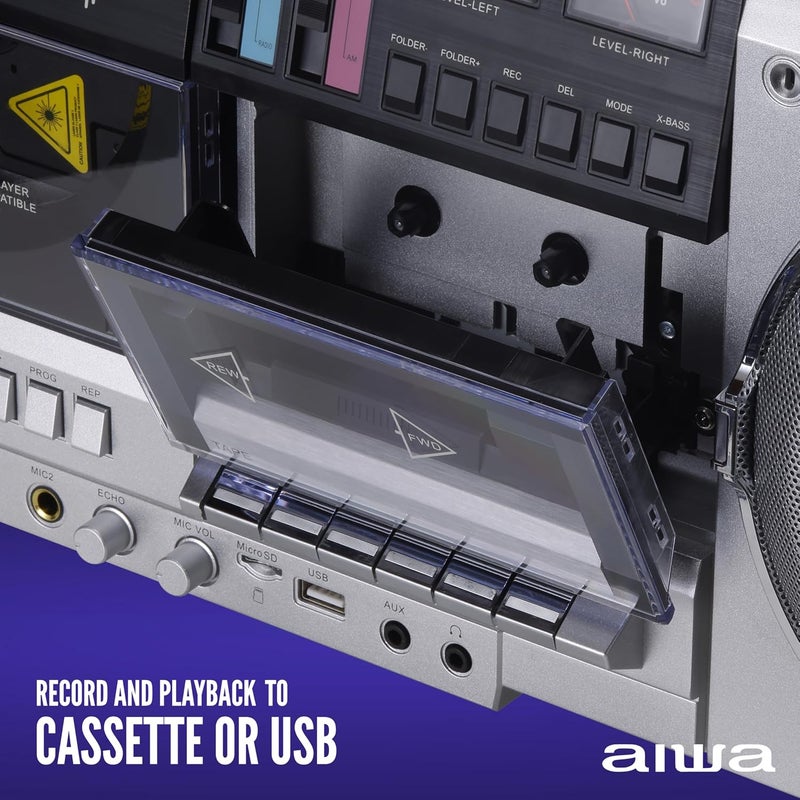 أيوا aiwa Retro Boombox CD Player with Cassette Recording, Bluetooth 5.0, FM/AM Radio, USB/SD/AUX Inputs, VU Meters, LCD Display, Dual 40W Speakers - Silver - Image 4