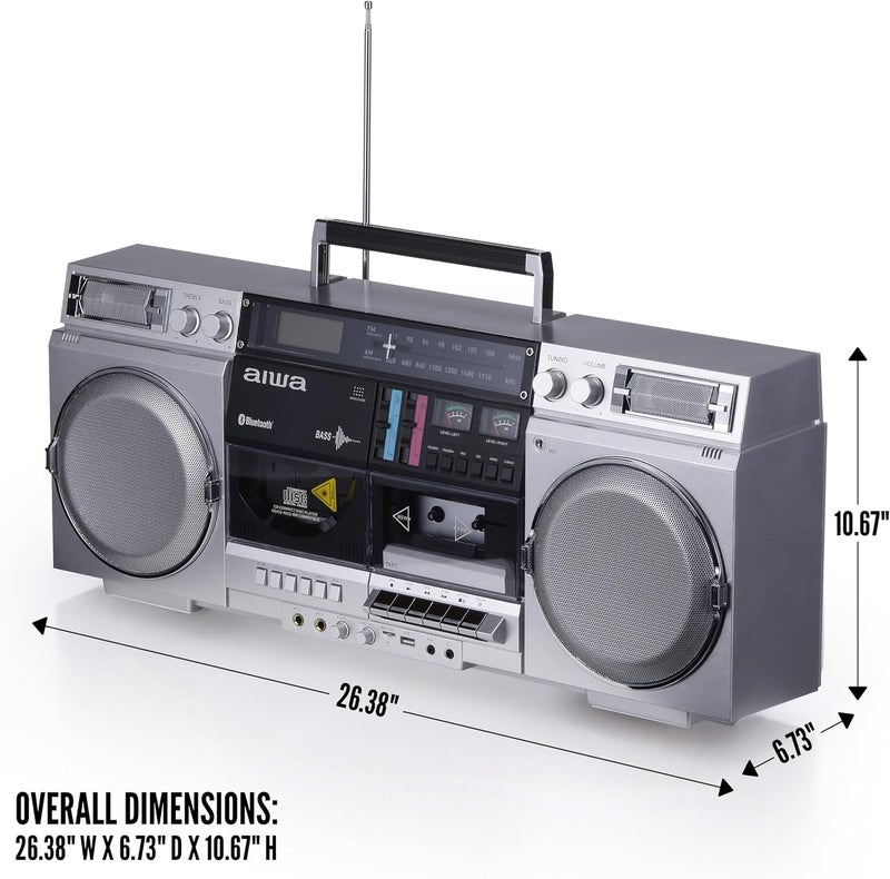 أيوا aiwa Retro Boombox CD Player with Cassette Recording, Bluetooth 5.0, FM/AM Radio, USB/SD/AUX Inputs, VU Meters, LCD Display, Dual 40W Speakers - Silver - Image 3