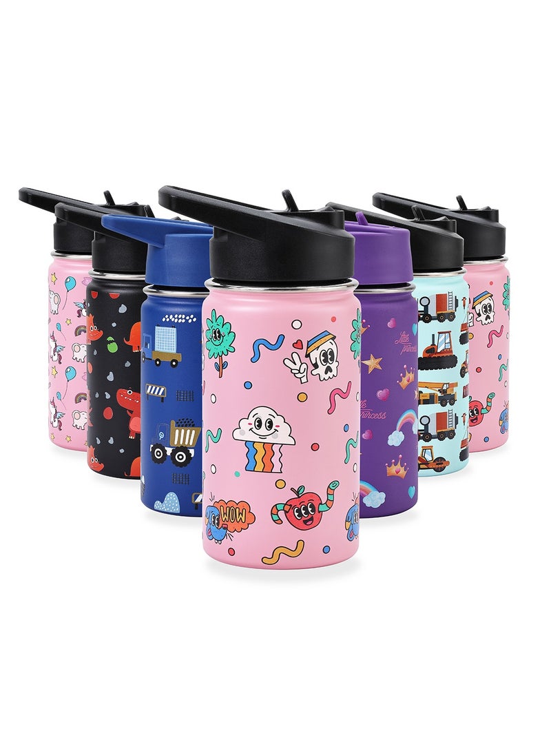 LAWAZIM Stainless Steel Children's Water Bottle -Pink with Wow Pattern- Durable and Insulated 12 oz Kids Drink Bottle with BPA-Free Leak-Proof Lid for School Travel Outdoor Activities and Everyday Use  - Image 1