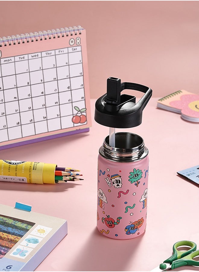 LAWAZIM Stainless Steel Children's Water Bottle -Pink with Wow Pattern- Durable and Insulated 12 oz Kids Drink Bottle with BPA-Free Leak-Proof Lid for School Travel Outdoor Activities and Everyday Use  - Image 4