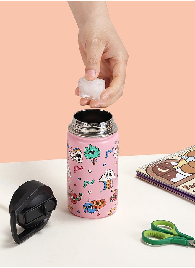 LAWAZIM Stainless Steel Children's Water Bottle -Pink with Wow Pattern- Durable and Insulated 12 oz Kids Drink Bottle with BPA-Free Leak-Proof Lid for School Travel Outdoor Activities and Everyday Use  - Image 5