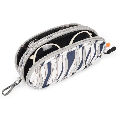 Tangoner Double Eyeglasses Case Soft Portable Zipper Sunglasses Pouch with Keychain Clip for Men Women (Gray Wave) - Image 1