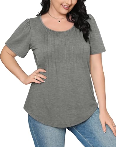 OFEEFAN Summer Tops for Women Dressy Casual Short Sleeve Blouses Cute Oversized Shirts Flowy Heather Grey XL - Image 4