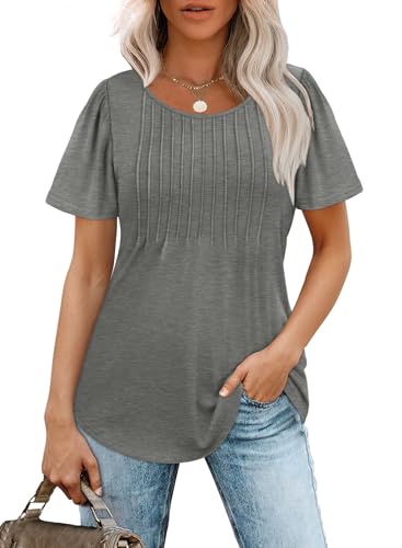 OFEEFAN Summer Tops for Women Dressy Casual Short Sleeve Blouses Cute Oversized Shirts Flowy Heather Grey XL - Image 2