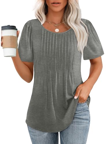 OFEEFAN Summer Tops for Women Dressy Casual Short Sleeve Blouses Cute Oversized Shirts Flowy Heather Grey XL - Image 1
