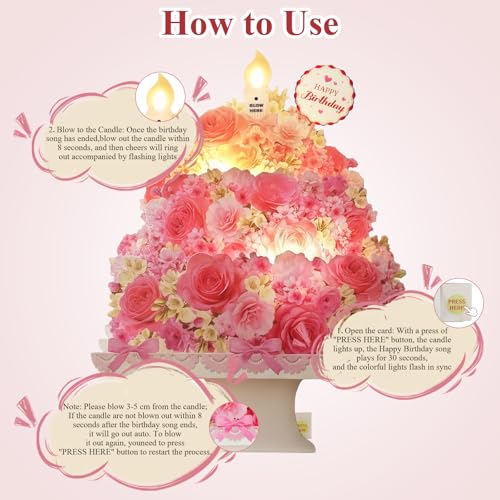 Tcamp Birthday Cards, Pop Up Happy Birthday Card with Music and Light, 3D Floral Birthday Card Birthday Gifts for Women Wife Mom Daughter Sister Friends Girls Kids - Image 4