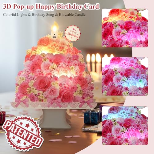Tcamp Birthday Cards, Pop Up Happy Birthday Card with Music and Light, 3D Floral Birthday Card Birthday Gifts for Women Wife Mom Daughter Sister Friends Girls Kids - Image 2