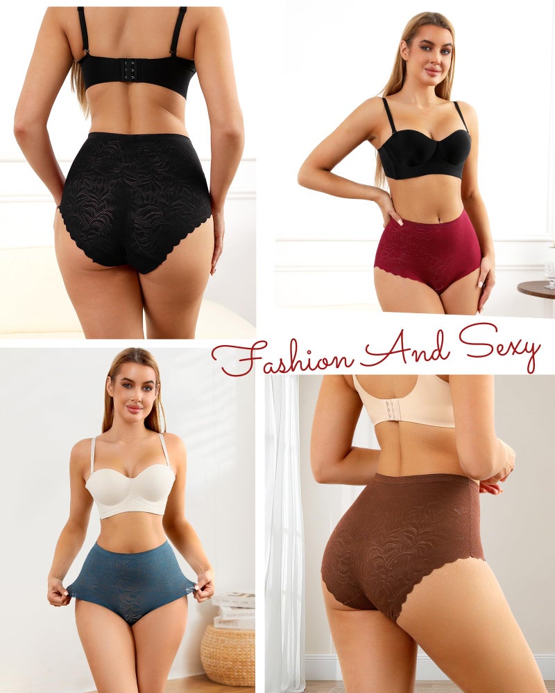 LEVAO Women's High Waist Lace Underwear, Soft Floral Lace Briefs with Mid-Coverage Panties for Women 4-Pack - Image 2