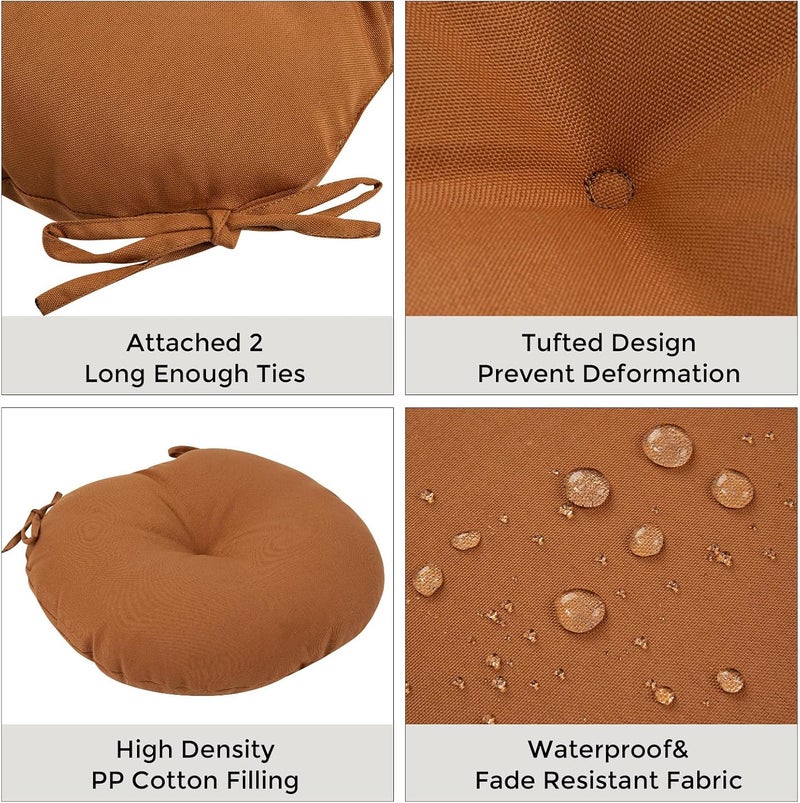 FUNHOME Bistro Chair Cushions 15 inch,Set of 2,Tufted Round Chair Cushions with Ties,15"x15"x4",Water Resistant Round Seat Cushion for Barstool Chairs,Patio Garden Kitchen Outdoor Furniture(Caramel Orange) - Image 4