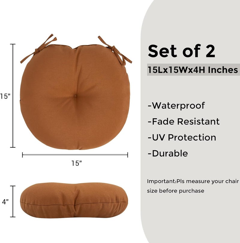 FUNHOME Bistro Chair Cushions 15 inch,Set of 2,Tufted Round Chair Cushions with Ties,15"x15"x4",Water Resistant Round Seat Cushion for Barstool Chairs,Patio Garden Kitchen Outdoor Furniture(Caramel Orange) - Image 3