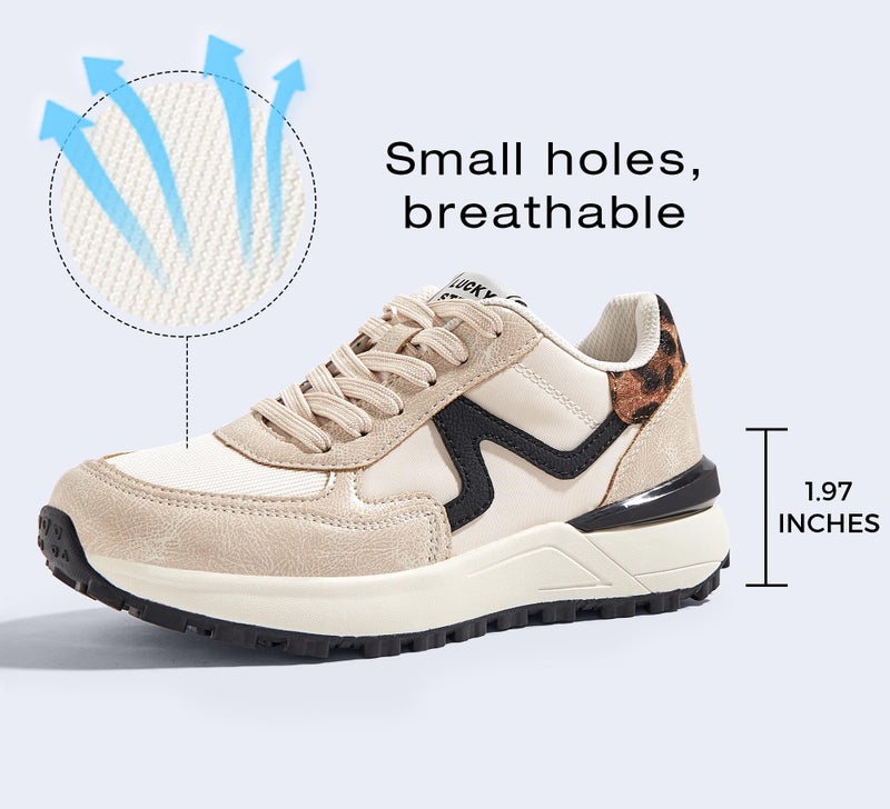 LUCKY STEP Women's Retro Fashion Casual Sneakers Platform Classic Trendy Trainning Anti-Slip Tennis Travel Walking Shoes(Beige,8) - Image 3