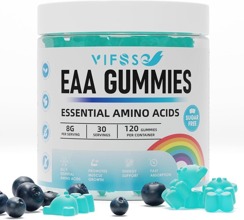 VIFSSG جومي EAA 120 جومي توت أزرق أحماض أمينية أساسية جميع 9 أحماض أمينية أساسية EAA وجميع الأحماض الأمينية المتفرعة BCAAs خالية من الكائنات المعدلة وراثيًا خالية من الجلوتين صديقة للنباتيين - Image 1