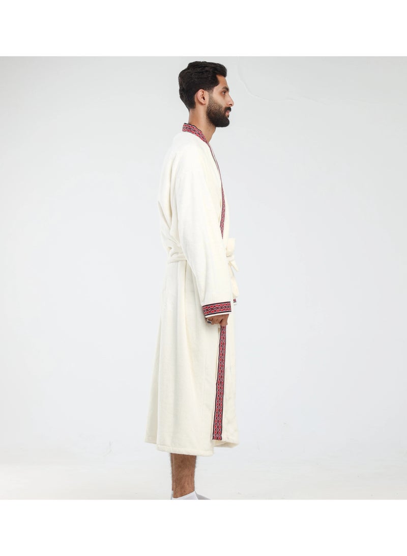 Relef Unisex Hoodless Hotel-Style Bathrobe with Saudi Sadu-Inspired Embroidery - Off Wihte - Image 2