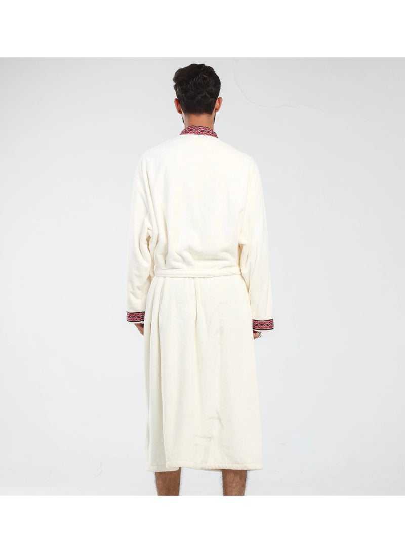 Relef Unisex Hoodless Hotel-Style Bathrobe with Saudi Sadu-Inspired Embroidery - Off Wihte - Image 3