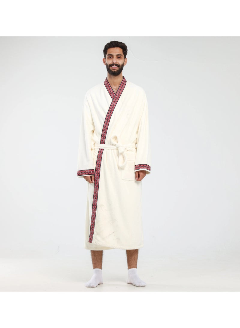 Relef Unisex Hoodless Hotel-Style Bathrobe with Saudi Sadu-Inspired Embroidery - Off Wihte - Image 1