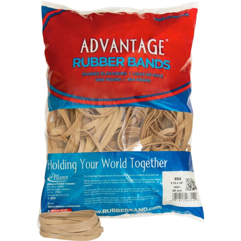 Alliance Rubber 26644 Advantage Rubber Bands Size #64, 1 lb Bag Contains Approx. 320 Bands (3 1/2" x 1/4", Natural Crepe) - Image 1