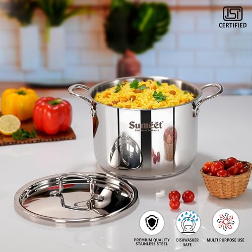 Sumeet ISI Certified Stainless Steel Casserole Handi/Stock Pot/Biryani Pot/Dutch Oven with Steel Lid - Even Heat, Cook-N-Serve, Gas and Induction Friendly, 20Cm, 4.2Ltr, Silver - Image 3