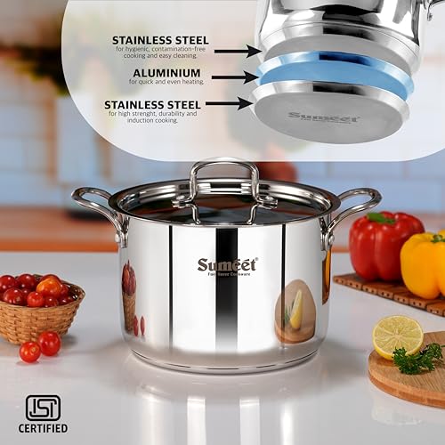 Sumeet ISI Certified Stainless Steel Casserole Handi/Stock Pot/Biryani Pot/Dutch Oven with Steel Lid - Even Heat, Cook-N-Serve, Gas and Induction Friendly, 20Cm, 4.2Ltr, Silver - Image 2