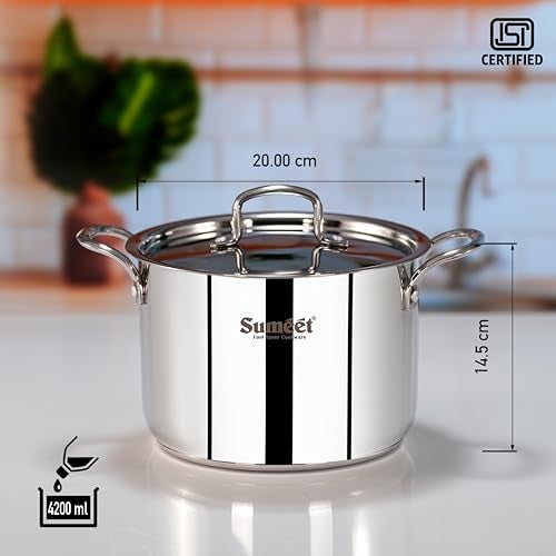 Sumeet ISI Certified Stainless Steel Casserole Handi/Stock Pot/Biryani Pot/Dutch Oven with Steel Lid - Even Heat, Cook-N-Serve, Gas and Induction Friendly, 20Cm, 4.2Ltr, Silver - Image 4