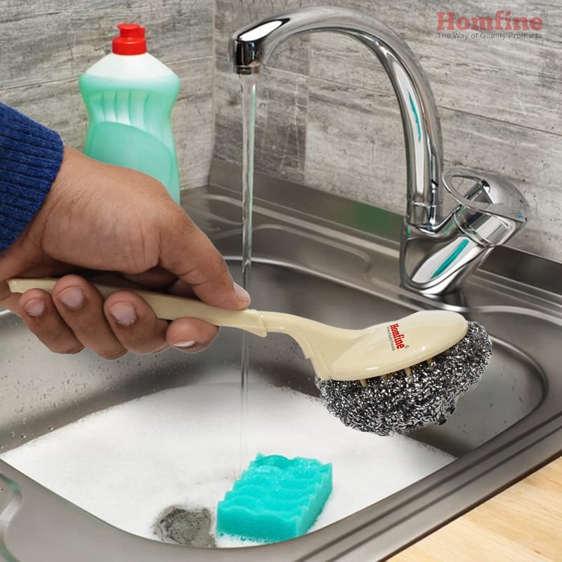 Homfine Stainless Steel Scrubber with Handle for Easy Cleaning | Kitchen Utensils, Sink, Floor, Tiles (1Pc, Colour May Vary, Round)