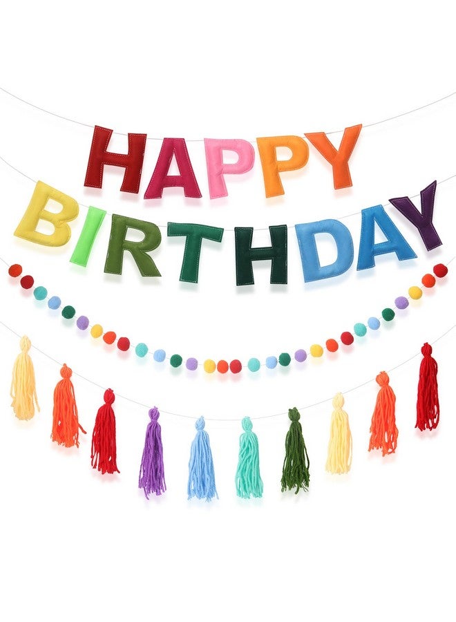 Ohiyoo Pre-Strung Happy Birthday Banner Rainbow Decorations Felt Ball Garland Happy Birthday Sign for Party Decorations Unicorn Party Decor (Rainbow) - Image 1