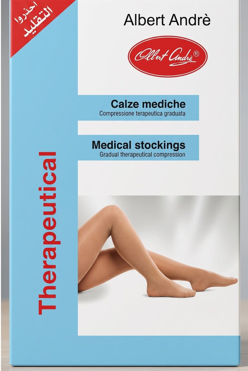 Knee High Open Toe Medical Compression Stockings Class 1 Size XL Beige for Varicose Veins and Circulatory Support Made in Italy - Image 1