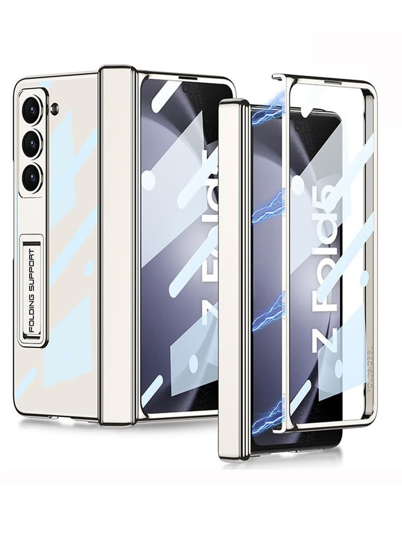 SYOSI Case for Galaxy Z Fold 5 Magnetic Hinge Coverage Protection Ultra Thin Transparent Plating Crystal Built in 3 Gears Adjustment Kickstand Front Glass All Inclusive Case Clear Cream White - Image 1