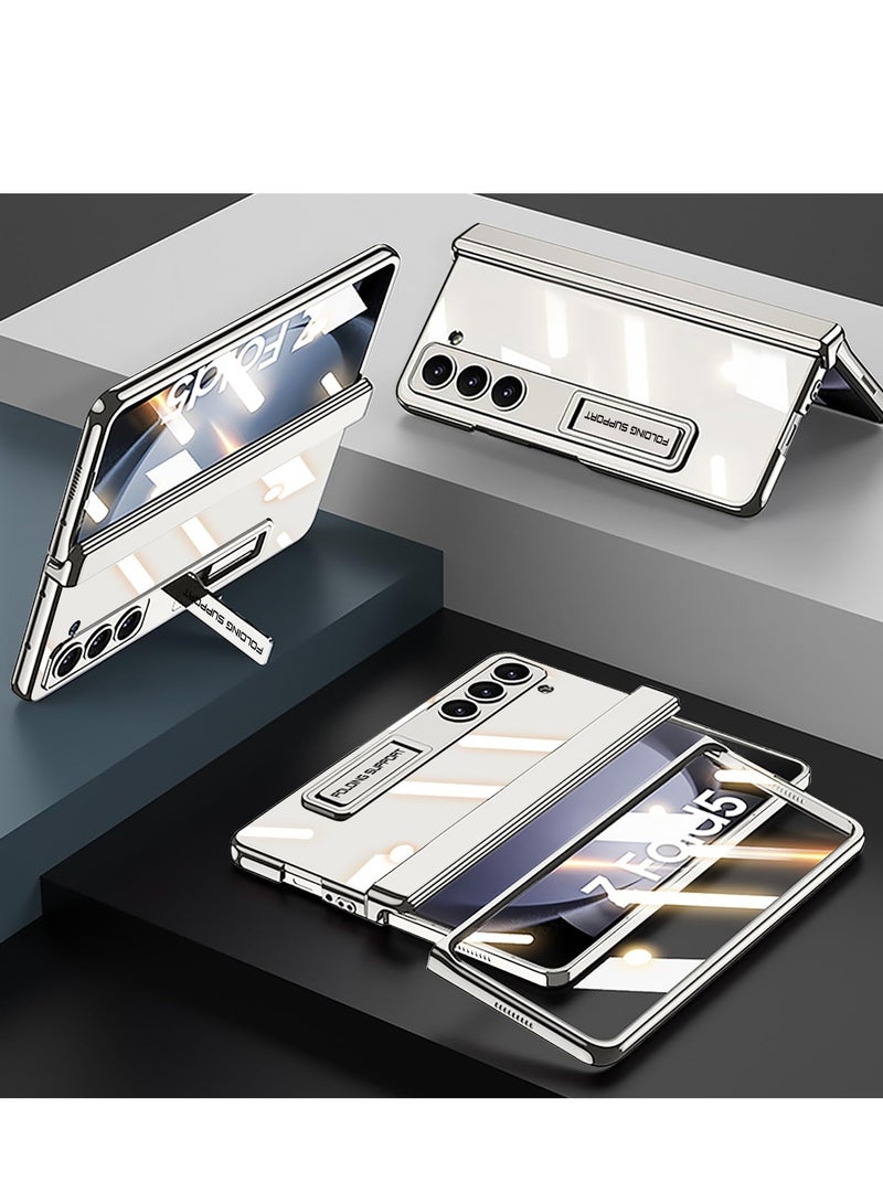 SYOSI Case for Galaxy Z Fold 5 Magnetic Hinge Coverage Protection Ultra Thin Transparent Plating Crystal Built in 3 Gears Adjustment Kickstand Front Glass All Inclusive Case Clear Cream White - Image 2