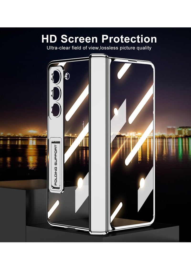 SYOSI Case for Galaxy Z Fold 5 Magnetic Hinge Coverage Protection Ultra Thin Transparent Plating Crystal Built in 3 Gears Adjustment Kickstand Front Glass All Inclusive Case Clear Cream White - Image 5