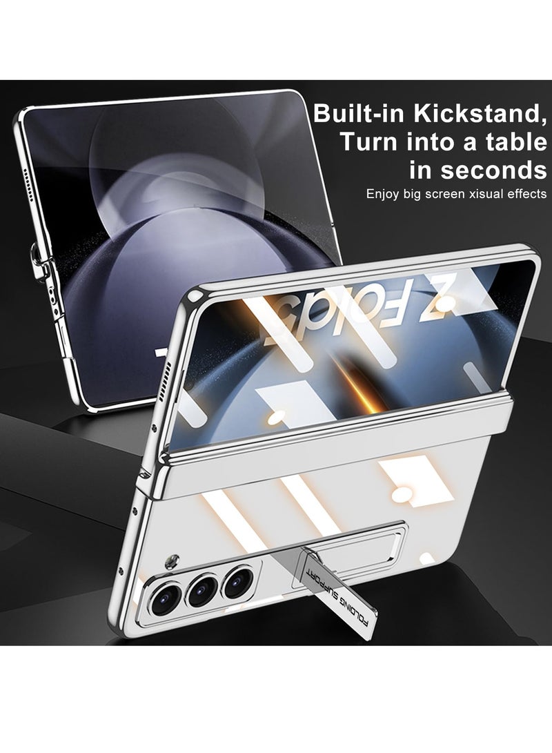 SYOSI Case for Galaxy Z Fold 5 Magnetic Hinge Coverage Protection Ultra Thin Transparent Plating Crystal Built in 3 Gears Adjustment Kickstand Front Glass All Inclusive Case Clear Cream White - Image 4