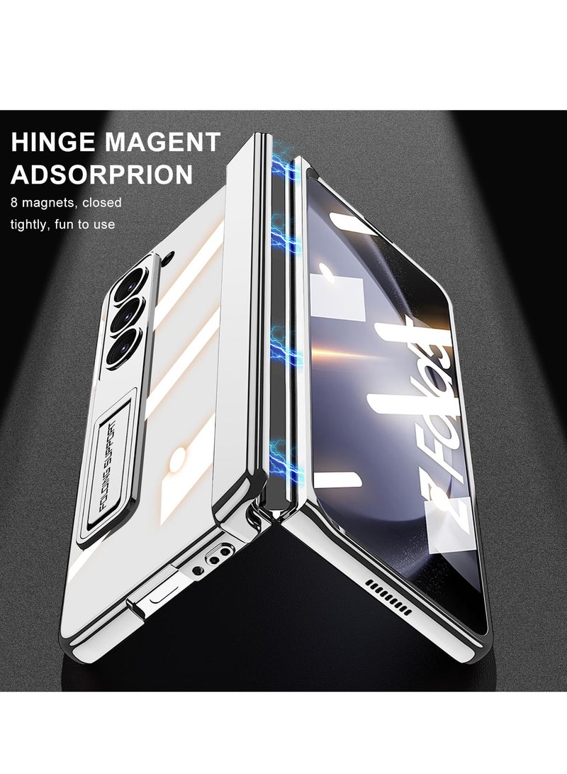 SYOSI Case for Galaxy Z Fold 5 Magnetic Hinge Coverage Protection Ultra Thin Transparent Plating Crystal Built in 3 Gears Adjustment Kickstand Front Glass All Inclusive Case Clear Cream White - Image 3