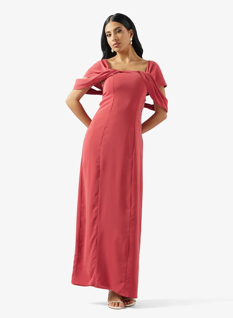 Off Shoulder Jewel 3D Embroidered Evening Gown