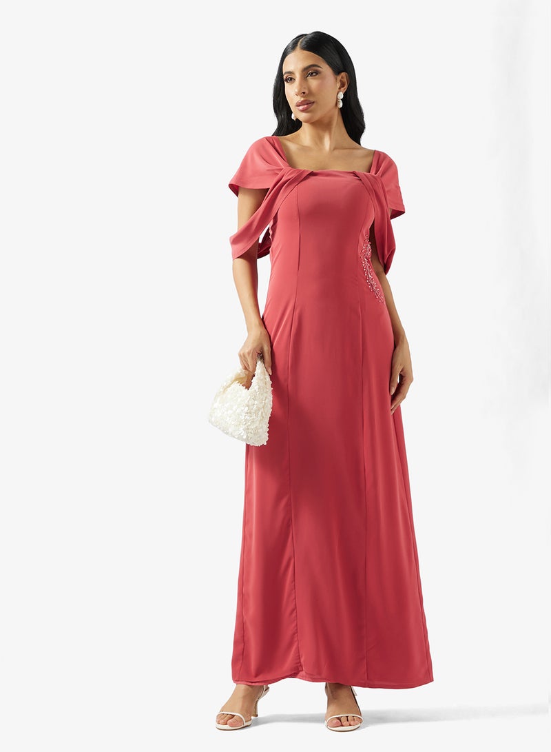 Namshi x Off Shoulder Jewel 3D Embroidered Evening Gown - Image 4