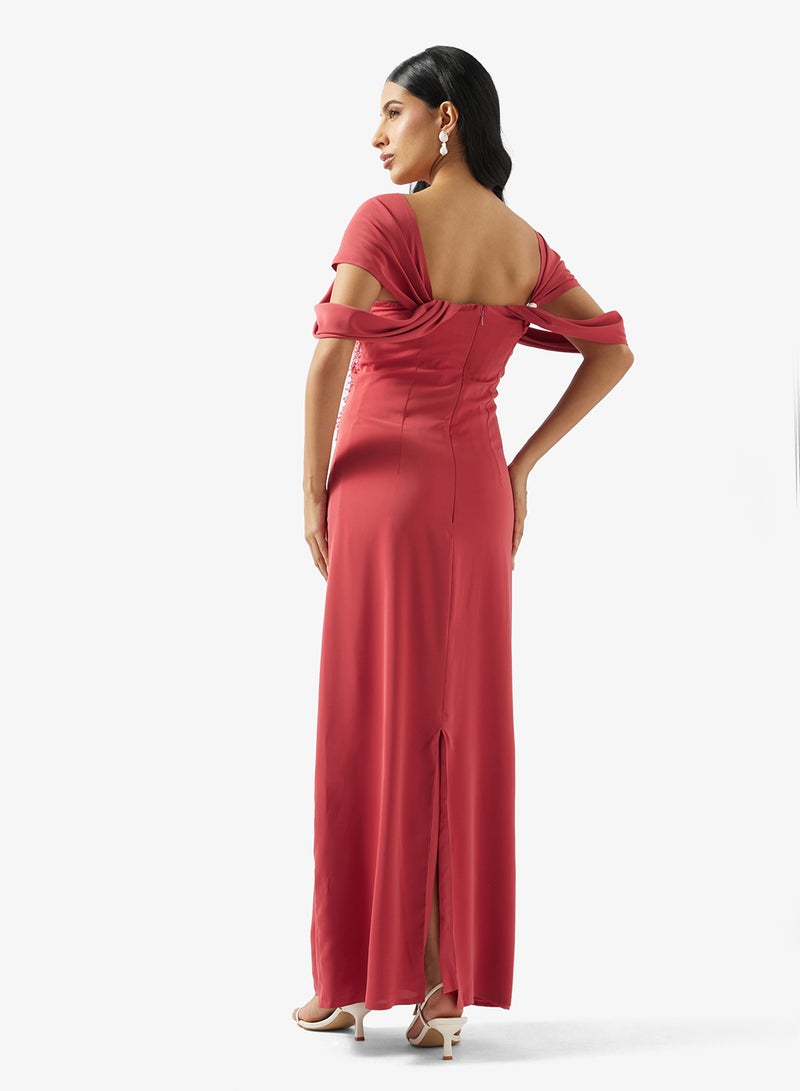 Namshi x Off Shoulder Jewel 3D Embroidered Evening Gown - Image 2