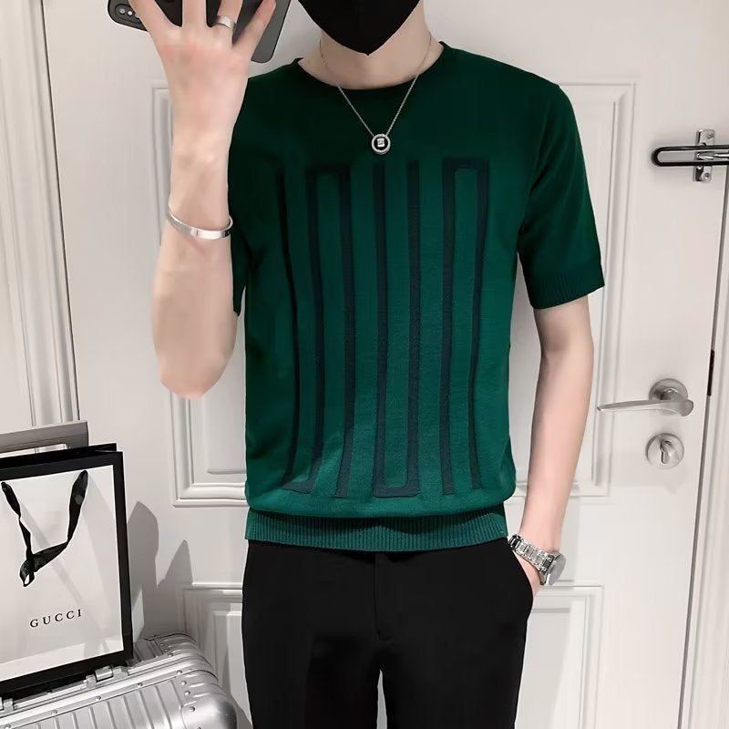 Summer Trendy Thin White Ice Silk Short-sleeved T-shirt Men's Trendy Brand Ins All-match Breathable Knitted Striped Slim-fit Half-sleeve
