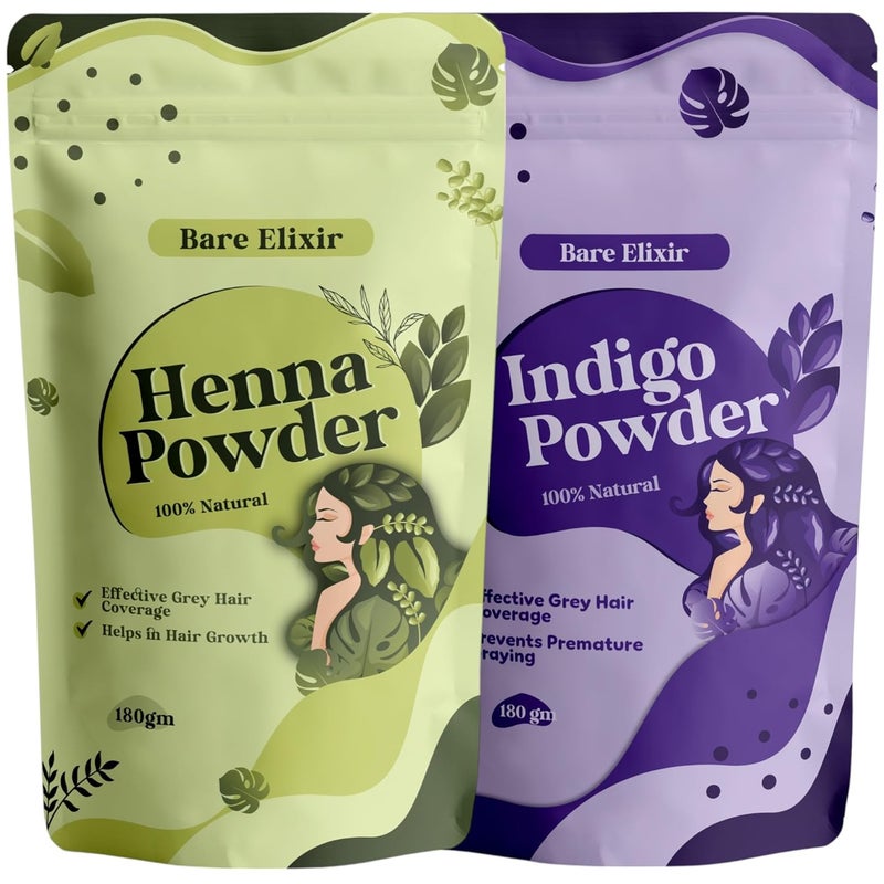 Bare Elixir 100 Natural Henna and Indigo Powder Combo  Organic Hair Care for Grey Coverage  Hair Growth  Deep Nourishment  Enhances Shine Strengthens  Reduces Hair Fall  Pack of 2 180g Each - Image 1