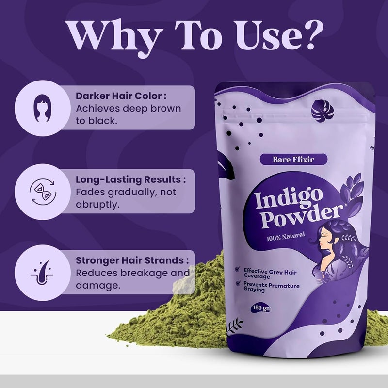 Bare Elixir 100 Natural Henna and Indigo Powder Combo  Organic Hair Care for Grey Coverage  Hair Growth  Deep Nourishment  Enhances Shine Strengthens  Reduces Hair Fall  Pack of 2 180g Each - Image 5