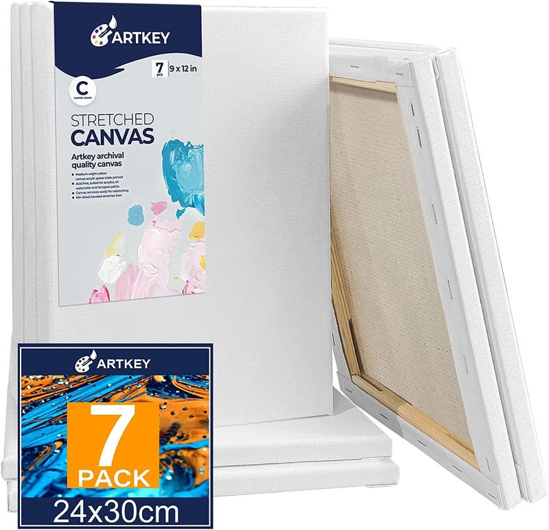 Artkey Stretched Canvases for Painting 9x12 Inch 7-Pack, 10 oz Triple Primed Acid-Free 100% Cotton Blank Canvas, Rectangular Canvas for Oil Paint Acrylics Pouring & Wet Art Media - Image 1