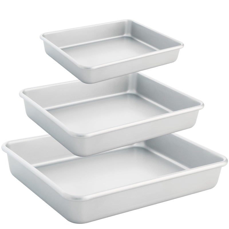 Barlket مجموعة صواني خبز عميقة من بارلكيت، 3 قطع، صينية كيك مستطيلة غير لاصقة، صينية لازانيا سميكة شديدة التحمل للفرن الكهربائي، صينية براوني مقاس 9/11/13 بوصة، فضية - Image 1