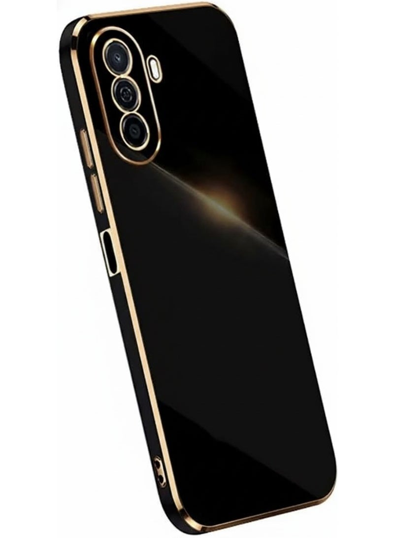 جراب متوافق مع هاتف Huawei Nova Y70، جراب واقٍ من السيليكون TPU بتصميم حافة مطلية بالكهرباء باللون الذهبي، أسود