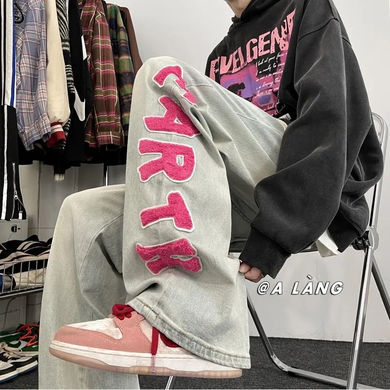 American Style Embroidered Towel Washing Jeans For Men Autumn Streetwear Straight-leg Loose-fit Casual Wide-leg Dragged Trousers 9002-Black  - Image 2